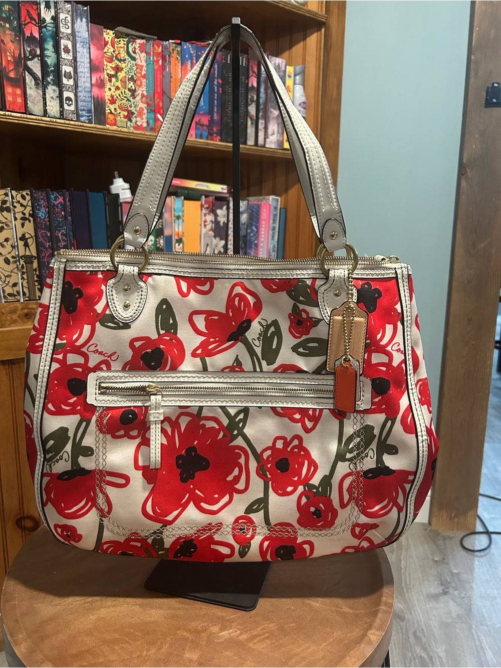 Coach Red Floral Canvas Shoulder Bag with Cream Trim